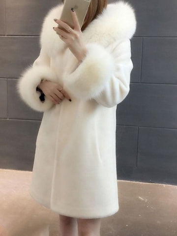 Airchics mi-longue manteau fausse fourrure boutonnage avec poches à capuche femme élégant blanche